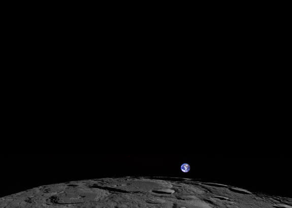 This image, captured Feb. 1, 2014, shows a colorized view of Earth from the moon-based perspective of NASA's Lunar Reconnaissance Orbiter.