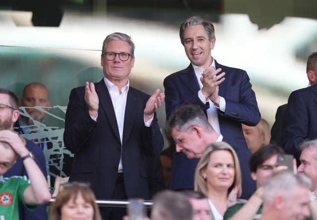 Prime Minister Sir Kier Starmer (left) and Irish Prime Minister Taoiseach Simon Harris during the Nations League game between England and Ireland at the Aviva Stadium in Dublin