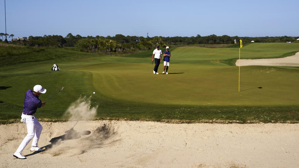 Justin Thomas hits out of the bunker to the 10th hole during the second round of the PGA Championship golf tournament on the Ocean Course Friday, May 21, 2021, in Kiawah Island, S.C. (AP Photo/David J. Phillip)