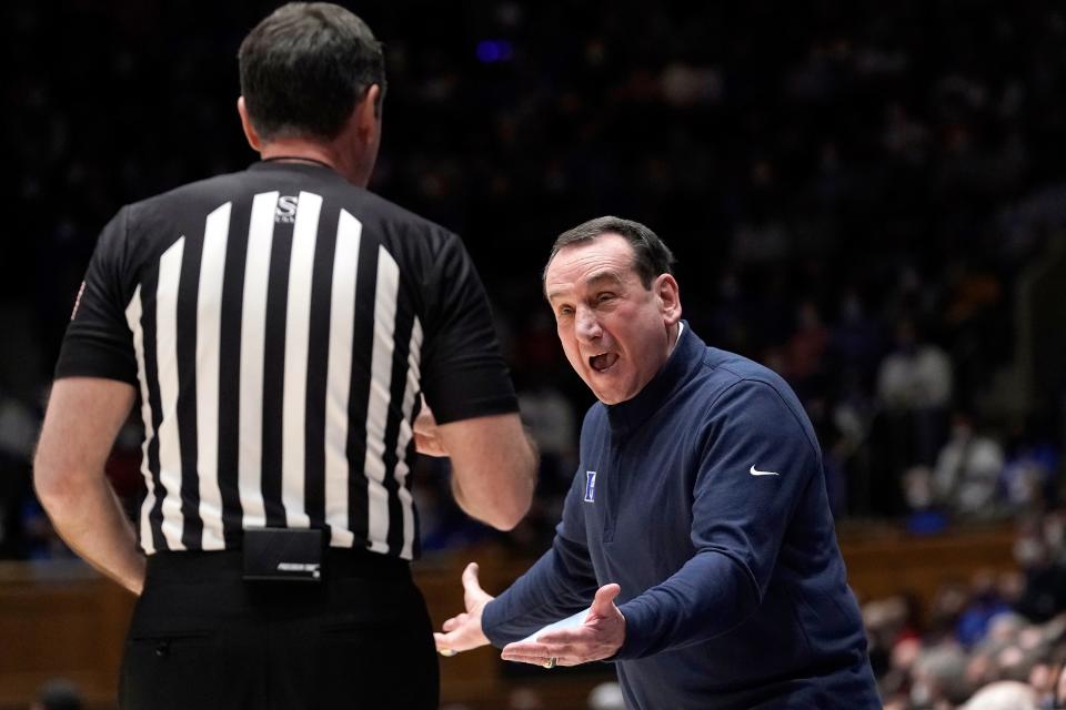 Duke head coach Mike Krzyzewski argues with an official during the first half of an NCAA college basketball game against North Carolina State in Durham, N.C., Saturday, Jan. 15, 2022. (AP Photo/Gerry Broome)