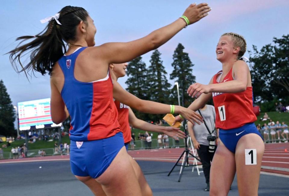 The Buchanan team celebrates its first place win in the 3200 relay at the CIF Central Section Masters track and field meet, held at Veterans Memorial Stadium on Saturday, May 20, 2023 in Clovis.