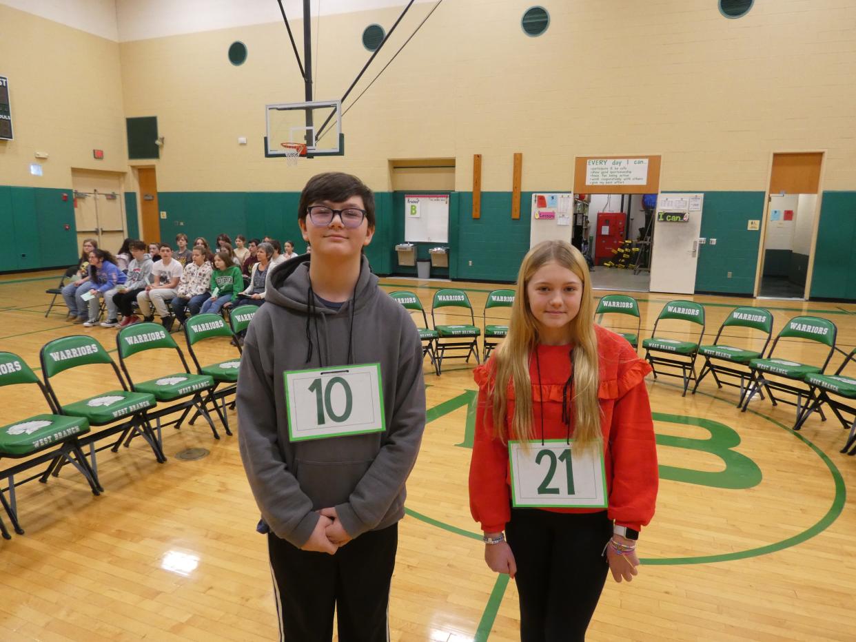 Christopher Kosenski, left, won the West Branch Middle School spelling bee for students in sixth through eighth grades. At right is runner-up Brieanna Call. The bee was Friday, Jan. 5, 2024, at the middle school.