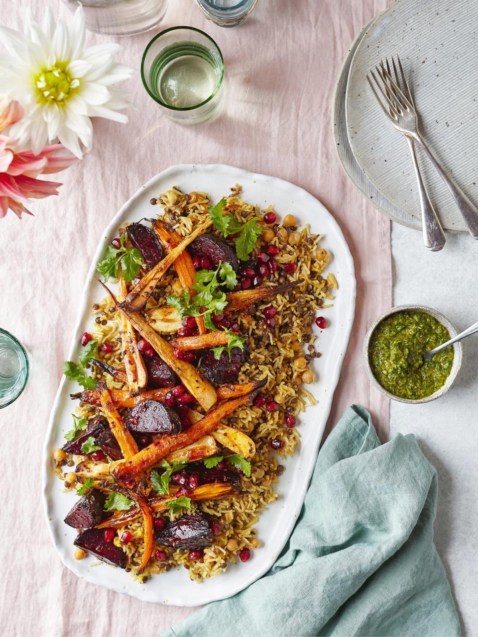 With parsnips, carrots and beetroot, this Middle Eastern-inspired vegan dish is a brilliant winter warmer (Nassima Rothacker/PA)