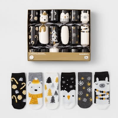 6pk low-cut socks set with assorted holiday-themed critter prints