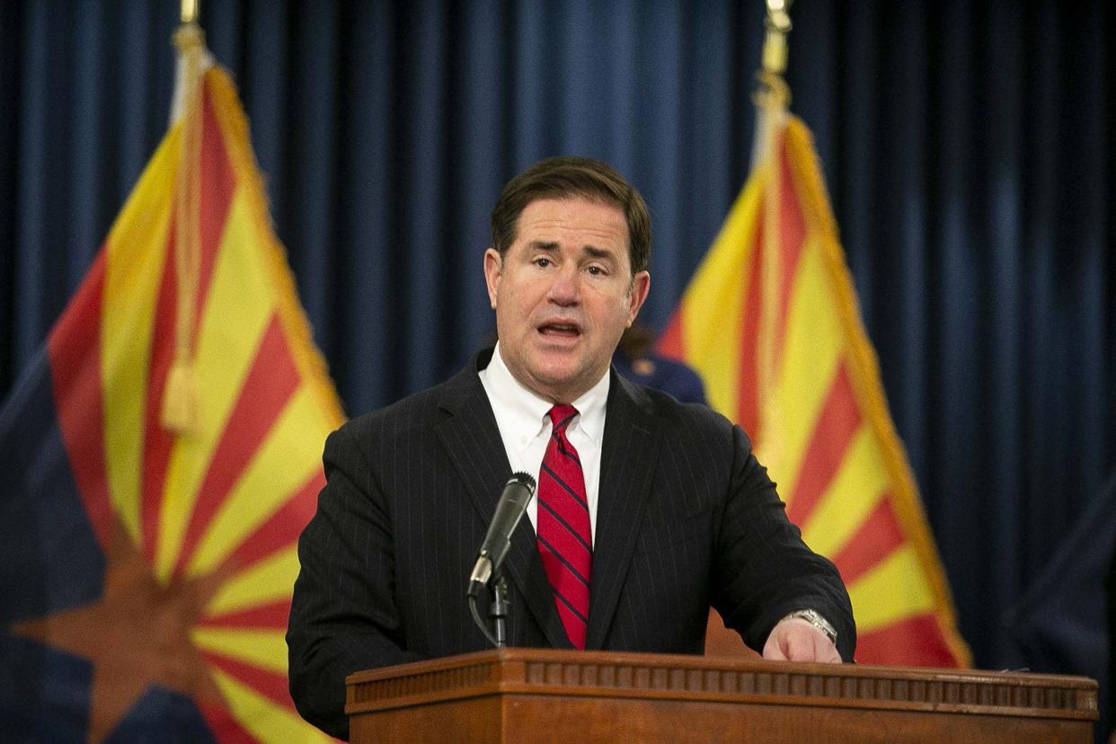 March 22, 2021; Phoenix, AZ, USA;  Governor Doug Ducey speaks at the 2021 Wildfire Season Outlook Briefing at the Arizona State Capitol on March 22, 2021. Credit: Meg Potter/The Arizona Republic