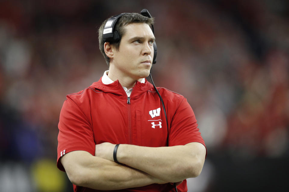 INDIANAPOLIS, IN - DECEMBER 07: Defensive coordinator Jim Leonhard of the Wisconsin Badgers looks on against the Ohio State Buckeyes during the Big Ten Football Championship at Lucas Oil Stadium on December 7, 2019 in Indianapolis, Indiana. Ohio State defeated Wisconsin 34-21. (Photo by Joe Robbins/Getty Images)