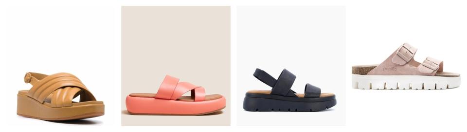 L-R: Camper, £81, Farfetch; M&S, £69; Dune, £90; Birkenstock, £85