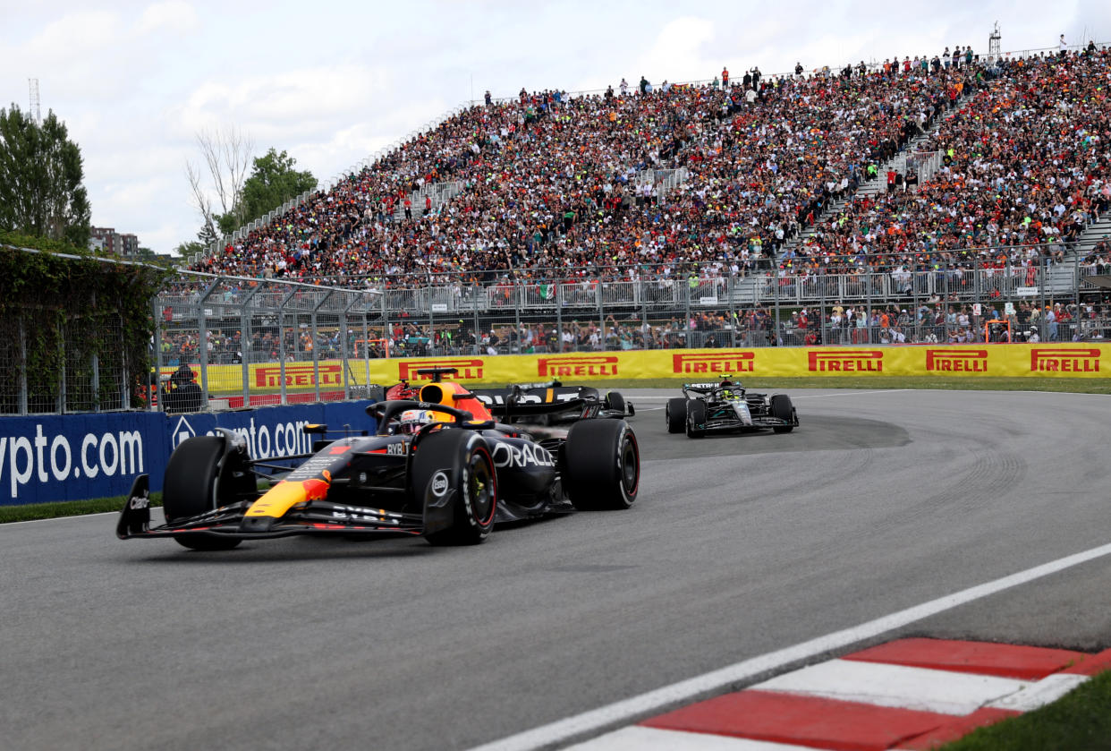 MONTREAL, QUEBEC - JUNE 18 :  Max Verstappen (1) of the Netherlands and Oracle Red Bull Racing and Lewis Hamilton (44) of Great Britain and Mercedes compete during F1 Grand Prix of Canada at Circuit Gilles Villeneuve in Montreal, Quebec on June 18, 2023. (Photo by Mert Alper Dervis/Anadolu Agency via Getty Images)