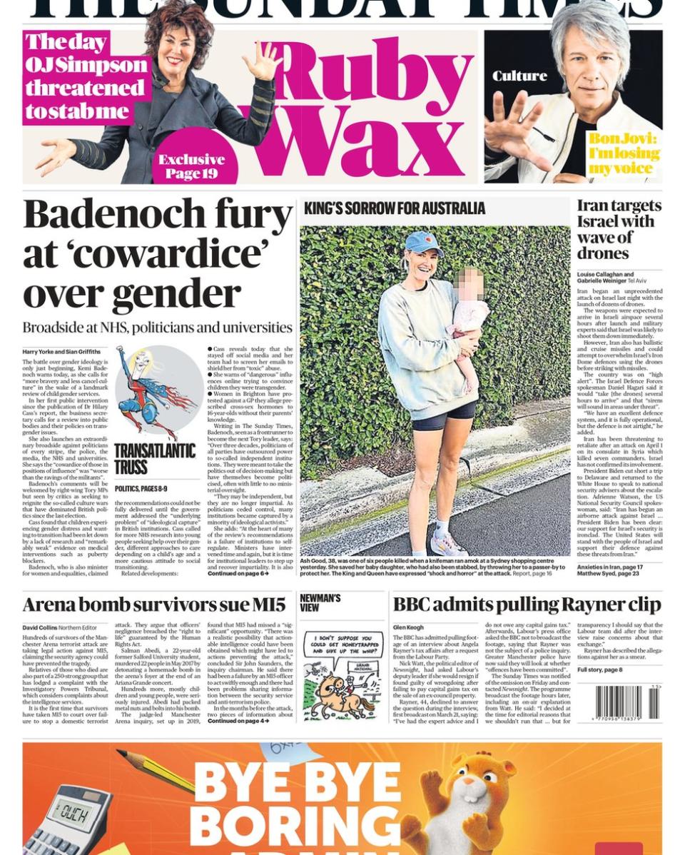The Sunday Times headline: "Badenoch fury at 'cowardice' over gender"