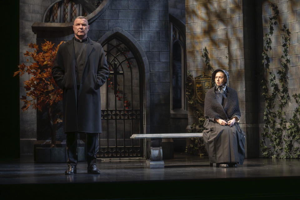 This image released by Polk & Co. shows Liev Schreiber as Father Flynn, left, and Zoe Kazan as Sister James, in Roundabout Theatre Company's new Broadway production of "Doubt: A Parable" by John Patrick Shanley. (Joan Marcus/Polk & Co. via AP)