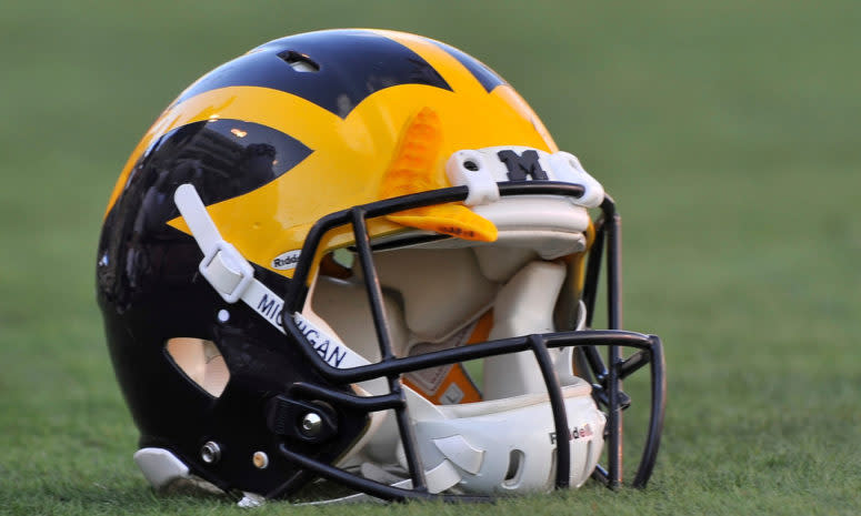 View of a Michigan Wolverines football helmet before their game against the Utah Utes.