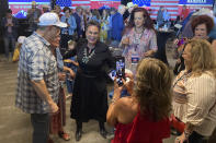 Republican House candidate Harriet Hageman speaks to supporters Tuesday, Aug. 16, 2022, in Cheyenne, Wyo., after defeating Rep. Liz Cheney, R-Wyo., in the Republican primary. (AP Photo/Mead Gruver)