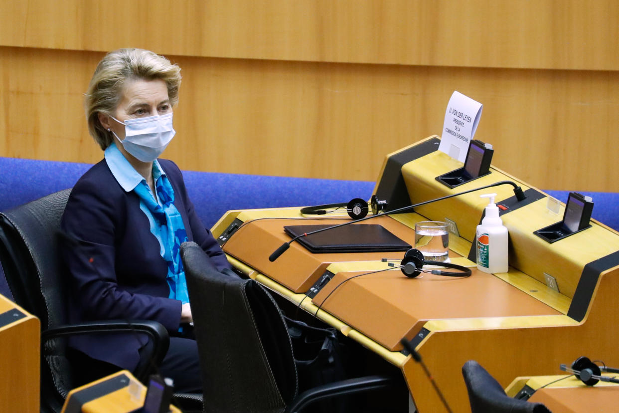 European Commission President Ursula von der Leyen wears a face mask  during a plenary session of the European Parliament in Brussels on May 13,  2020, as Europe begins easing lockdown measures amid the COVID-19 pandemic, caused by the novel coronavirus. - Due to the outbreak of the novel coronavirus, attendance to the plenary session is reduced and mainly video conferenced. (Photo by Aris Oikonomou / AFP) (Photo by ARIS OIKONOMOU/AFP via Getty Images)