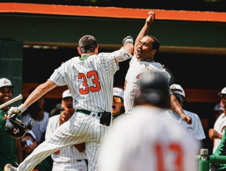 Florida A&M teammates Sebastian Greico (33) and Ty Jackson do their signature homerun celebration during a game against the Alabama A&M Bulldogs at Moore-Kittles Field in Tallahassee, Florida, Saturday, April 20, 2024.