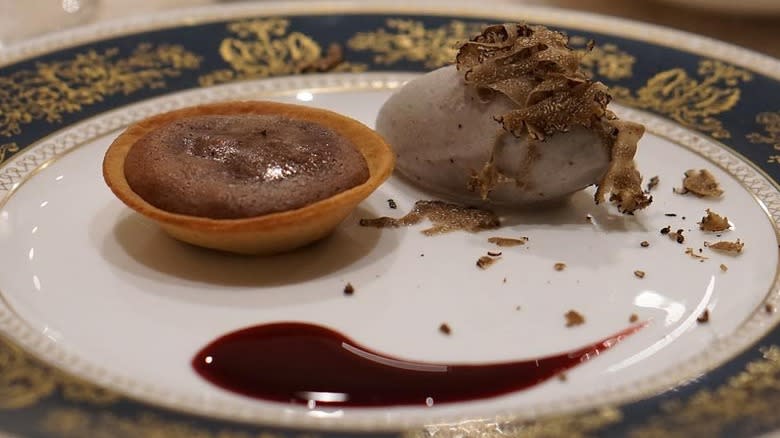 chocolate tart and ice cream with garnishes