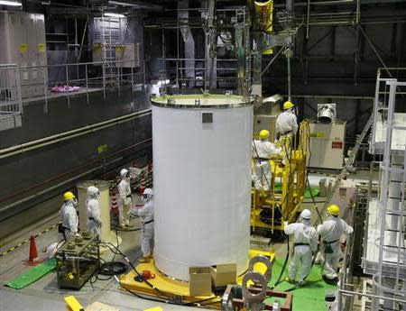 Workers wearing protective suits and masks check a transport container and a crane in preparation for the removal of spent nuclear fuel from a pool of spent fuel inside the No.4 reactor building at the tsunami-crippled Tokyo Electric Power Co.'s (TEPCO) Fukushima Daiichi nuclear power plant in Fukushima prefecture, November 7, 2013. REUTERS/Kimimasa Mayama/Pool