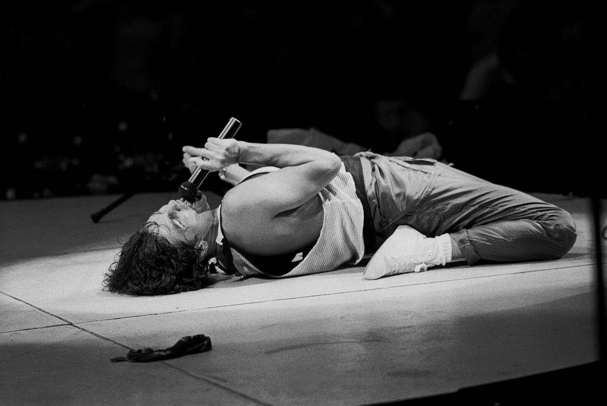 American Rock musician Billy Squier performs onstage at the Poplar Creek Music Theater, Hoffman Estates, Illinois, September 2, 1984.