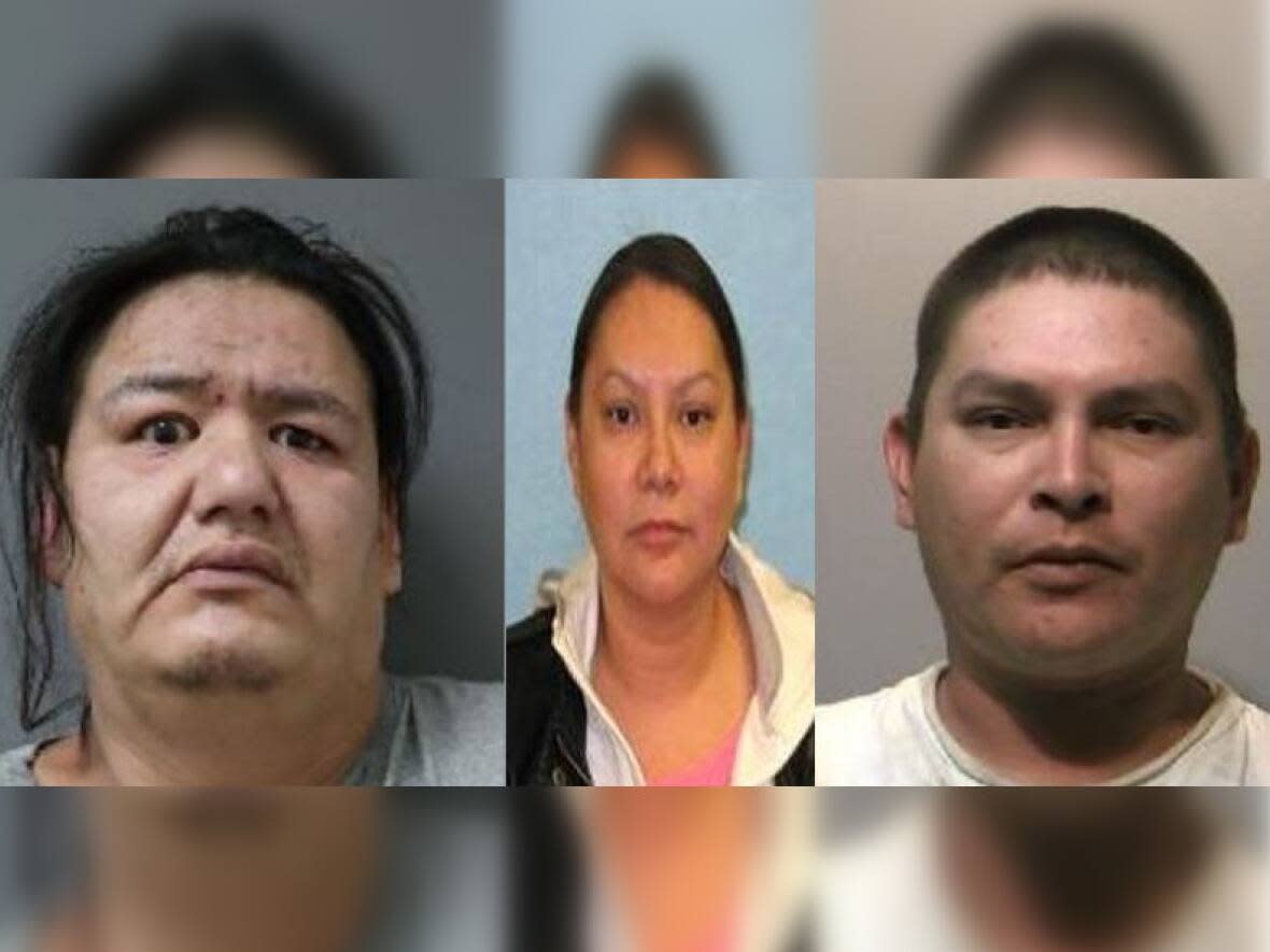 Saskatoon Police Service say they have issued warrants for the arrest of John Wayne Sanderson, left, Jessica Sutherland, centre, and Roderick William Sutherland. (Saskatoon Police Service - image credit)