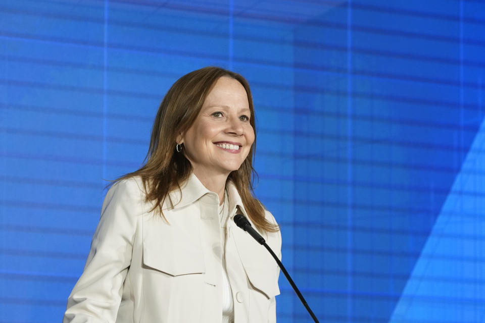 General Motors CEO Mary Barra addresses a news conference, Monday, April 15, 2024 in Detroit. GM plans to move its iconic Detroit headquarters to a new downtown office tower and redevelop its home office site. In addition, Bedrock, which owns multiple office buildings downtown, will join GM in studying redevelopment of the seven-building Renaissance Center now owned by GM. The new building is on the site of the old Hudson's department store in the heart of downtown. (AP Photo/Carlos Osorio)