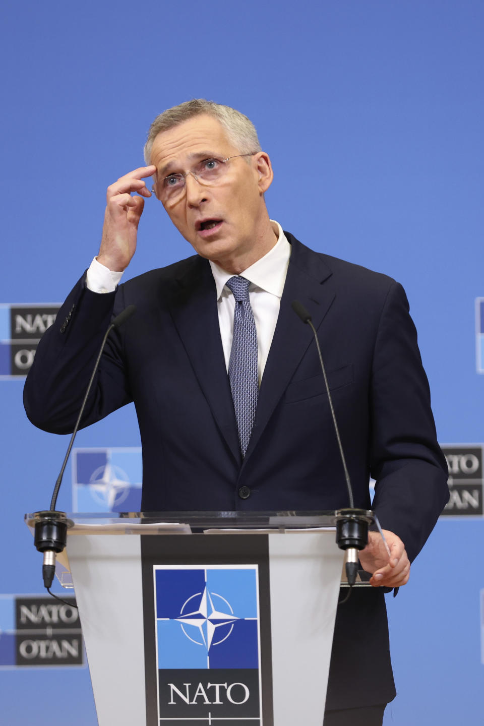 NATO Secretary General Jens Stoltenberg speaks during a media conference, ahead of a meeting of NATO foreign ministers, at NATO headquarters in Brussels, Monday, April 3, 2023. (AP Photo/Geert Vanden Wijngaert)