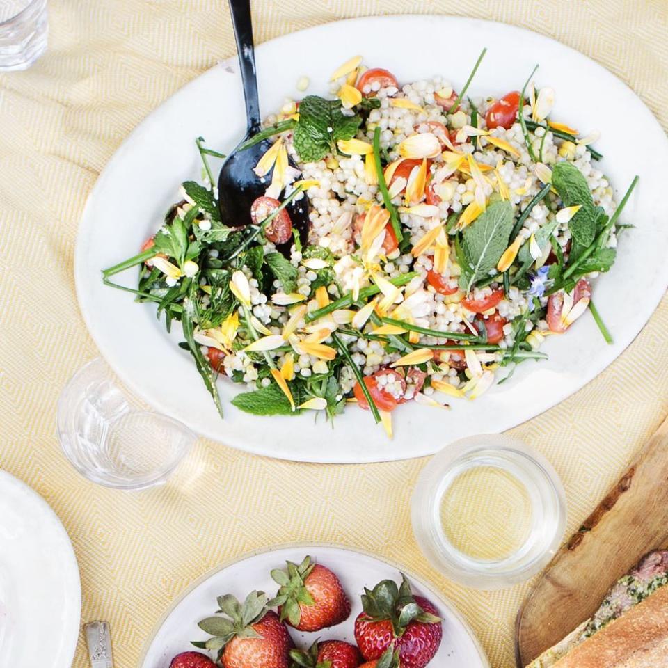 1) Fresh Corn, Tomato, Herb, and Israeli Couscous Salad