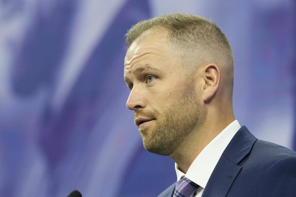 Northwestern interim head coach David Braun speaks during an NCAA college football news conference at the Big Ten Conference media days at Lucas Oil Stadium, Wednesday, July 26, 2023, in Indianapolis. (AP Photo/Darron Cummings)