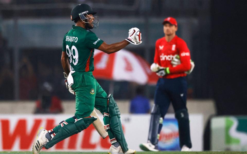 Najmul Hossain Shanto celebrates Bangladesh's victory - Adnan Abidi/Reuters