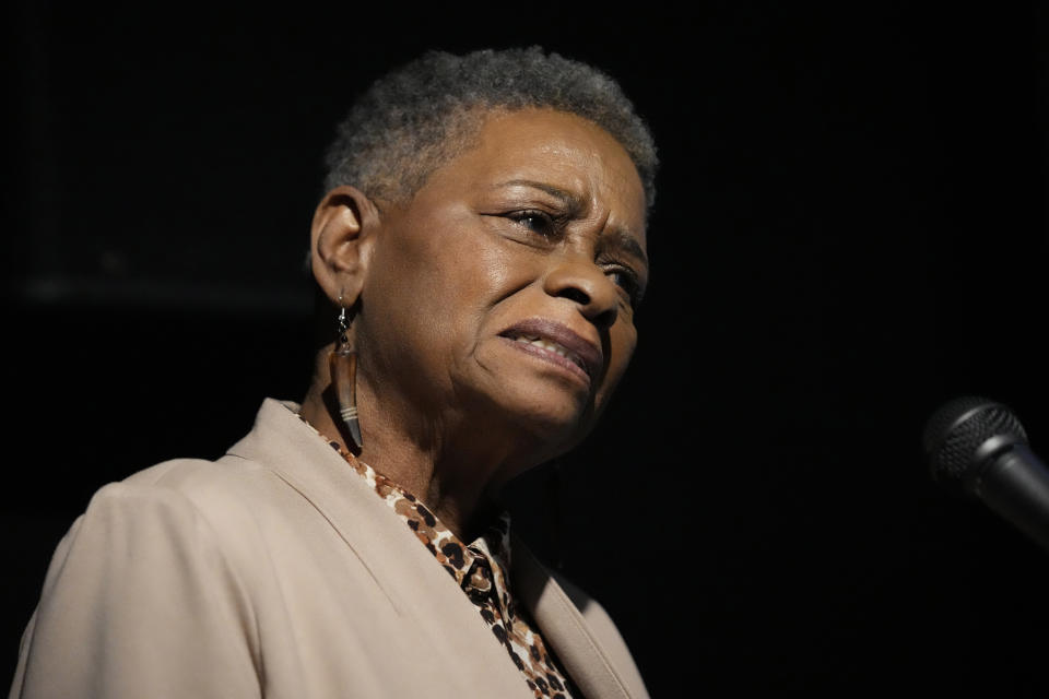 Thelma Sims Dukes speaks at Vicksburg National Military Park in Vicksburg, Miss., on Feb. 17, 2024, during the Remembrance and Libation Ceremony for Union soldiers killed or wounded in 1864 at Ross Landing, Arkansas. The National Park Service has broadened how it presents history in the military park with more information about Black soldiers who fought and died in the Civil War. (AP Photo/Rogelio V. Solis)