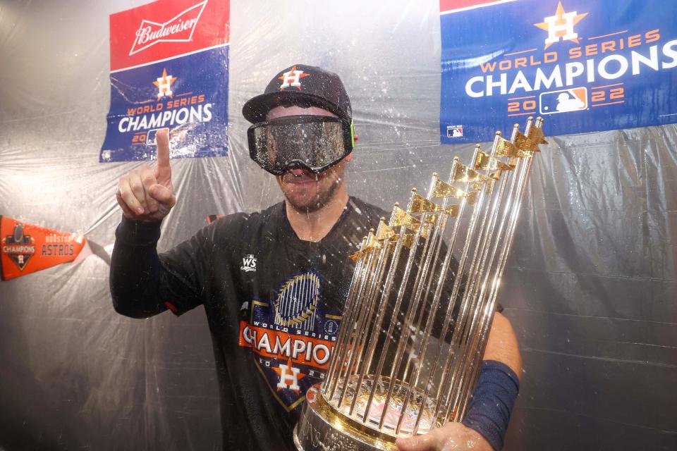 Alex Bregman celebrates after the Astros won the 2022 World Series against the Phillies.