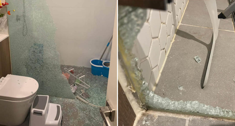 The shattered glass shower screen in Cady Tran's bathroom. 