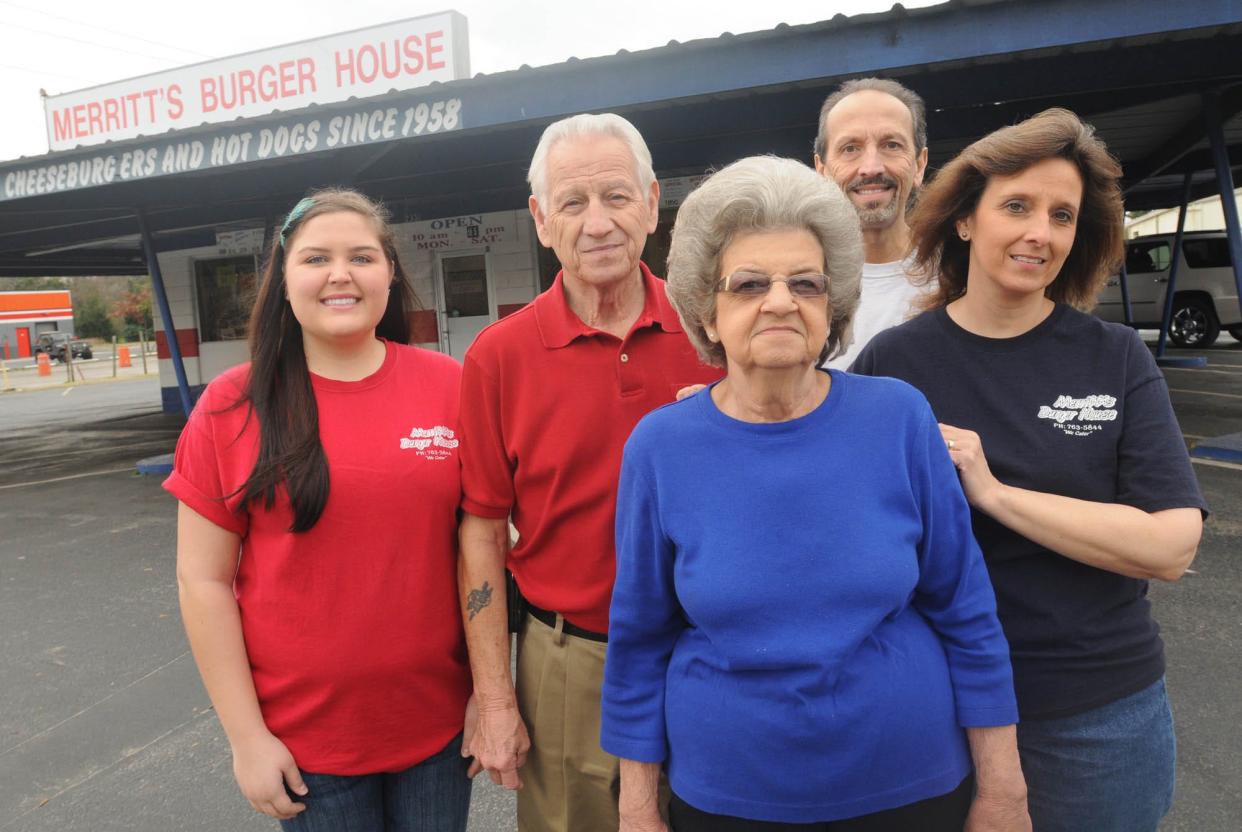 Three generations of Merritts are working at Merritt's Burger House, open on Carolina Beach Road since 1958. Christina Merritt (Gene's daughter) Graham Merritt (Judy and Gene's father) Ann Merritt, Gene Merritt, Judy Blackwelder (Gene's sister), KEN BLEVINS/STARNEWS