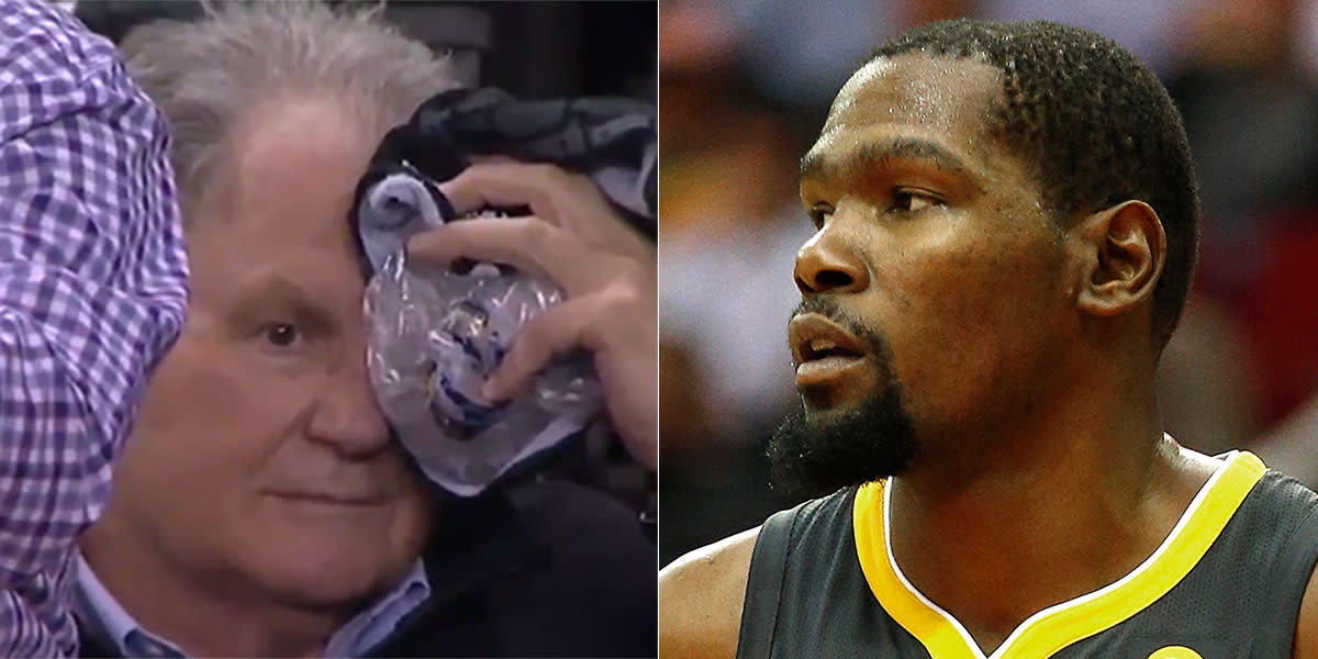 Joseph Franzia needed some ice after being hit with a ball from Kevin Durant (ESPN screencap/Getty Images)