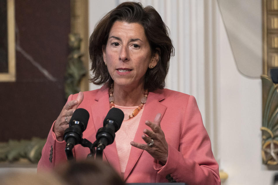 Commerce Secretary Gina Raimondo speaks during a White House event launching the Apprenticeship Ambassador Initiative, Thursday, Sept. 1, 2022, in the Indian Treaty Room of the Eisenhower Executive Office Building in Washington. Raimondo is announcing Friday $1 billion worth of federal grants for manufacturing, clean energy, farming, biotech and other sectors. The grants will go to 21 regional partnerships. (AP Photo/Jacquelyn Martin)