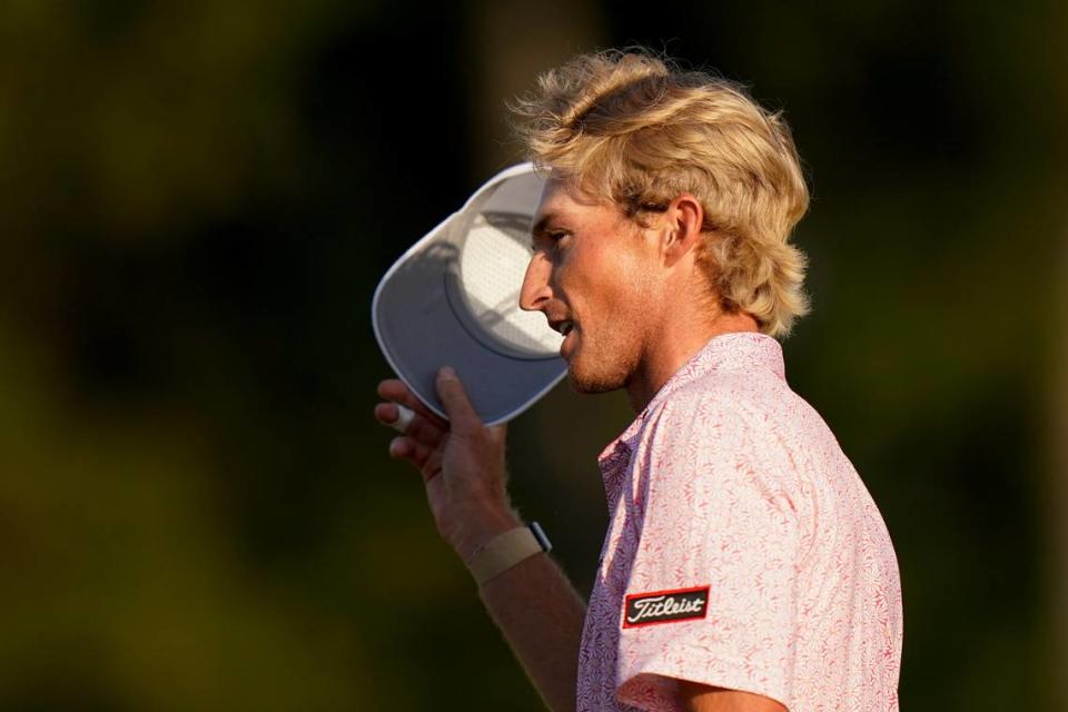 Will Zalatoris tips his cap after putting on the 18th hole during the final round of the Masters golf tournament on Sunday, April 11, 2021, in Augusta, Ga.