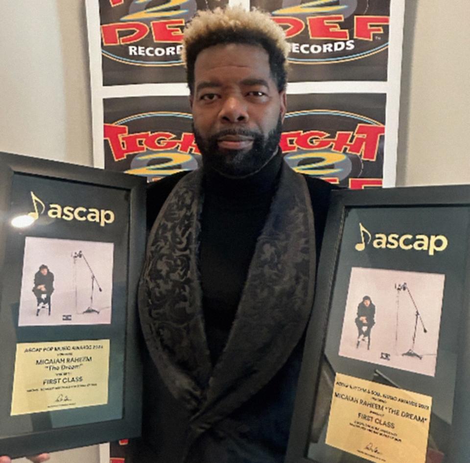 This photo from June 27, 2023 shows Atlanta-based hip hop artist and entrepreneur Raheem the Dream holding two ASCAP Rhythm & Soul Music Awards for writing credit on Jack Harlow's "First Class."