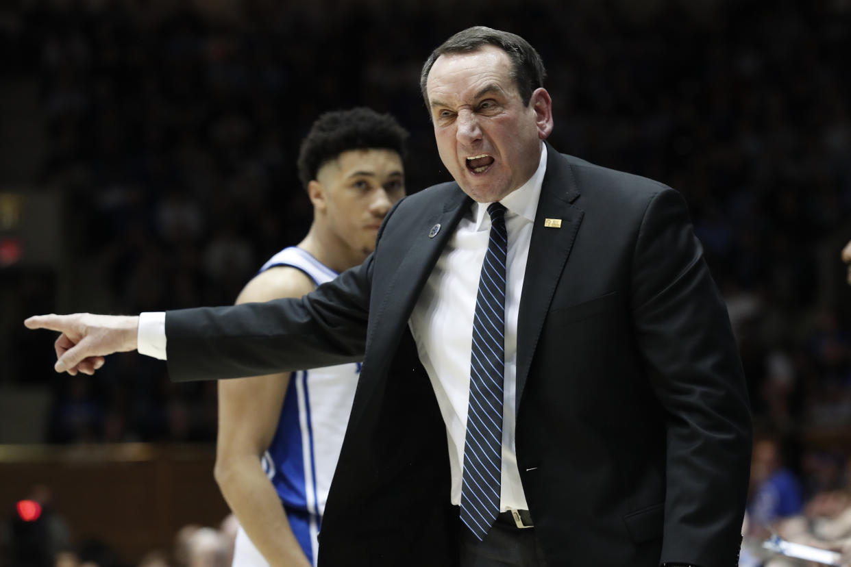 Duke head coach Mike Krzyzewski reacts to an official during the second half of an NCAA college basketball game against North Carolina in Durham, N.C., Saturday, March 7, 2020. (AP Photo/Gerry Broome)