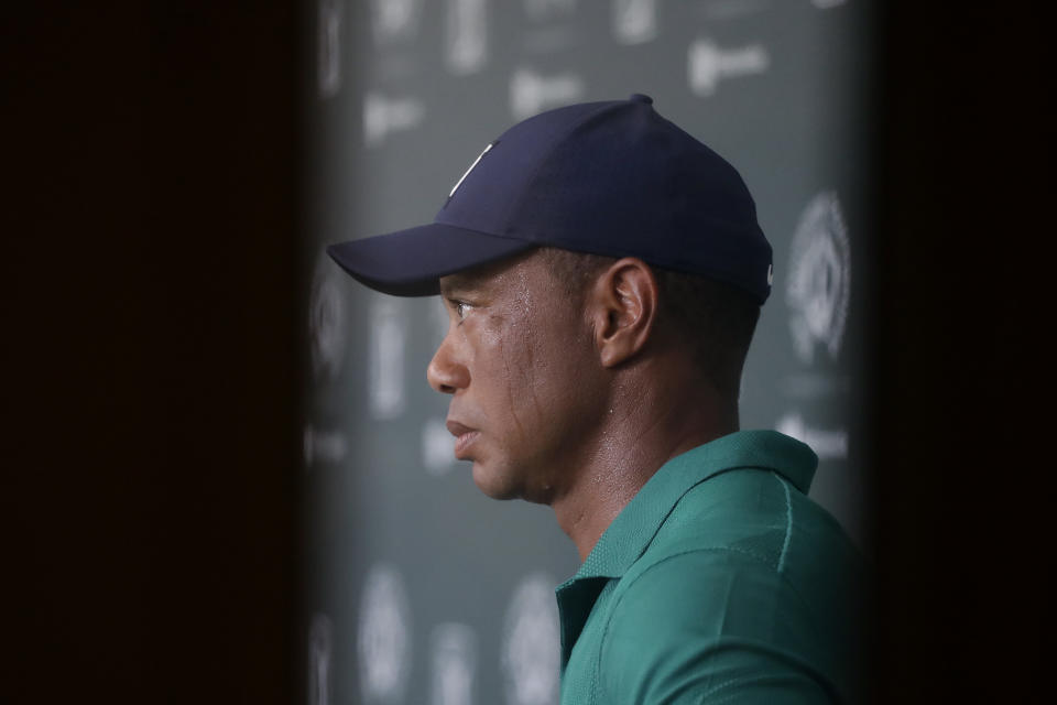 Tiger Woods is interviewed during the third round of the Memorial golf tournament, Saturday, July 18, 2020, in Dublin, Ohio. (AP Photo/Darron Cummings)