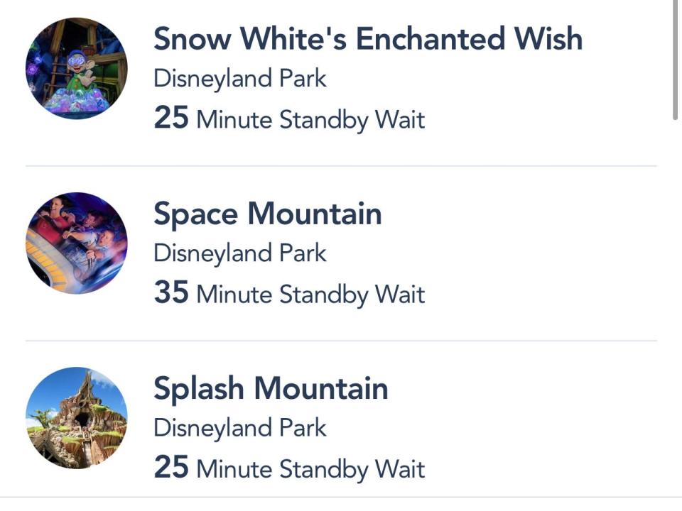 screenshot of wait times for attractions on the disneyland app