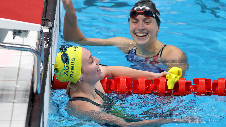 Ariarne Titmus and Katie Ledecky, pictured here after the 400m freestyle final.