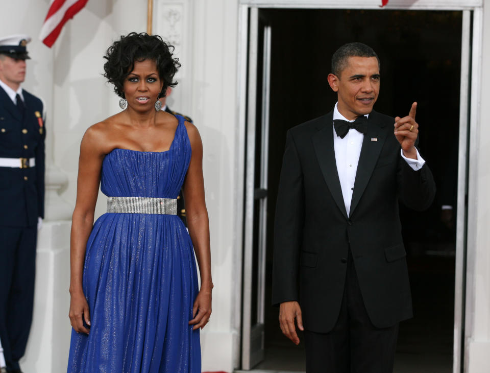 Michele in a one-shouldered Peter Soronen gown at a 2010 state dinner for Mexico