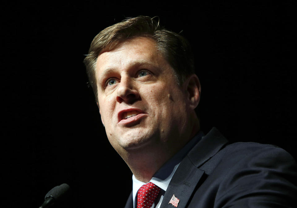 FILE - Geoff Diehl addresses the Massachusetts Republican Convention in Worcester, Mass., April 28, 2018. Baker's decision not to seek a third term has sparked a scramble among potential successors in a suddenly wide-open race. Diehl, a Republican former state representative from Whitman, announced Sunday, July 4, 2021 that he's running for Massachusetts governor. (AP Photo/Winslow Townson, File)