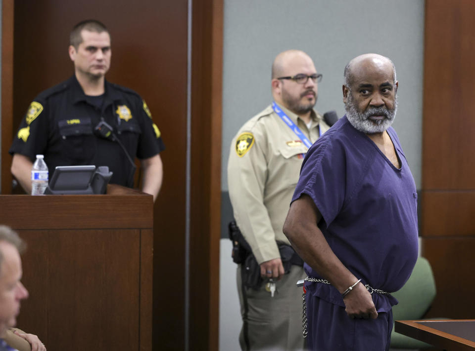 Duane Keith “Keffe D” Davis appears for his arraignment at the Regional Justice Center, Thursday, Nov. 2, 2023, in Las Vegas. Davis, a former Southern California street gang leader, pleaded not guilty Thursday to orchestrating a drive-by shooting that killed Tupac Shakur in 1996 in Las Vegas. (Ethan Miller/Pool Photo via AP)