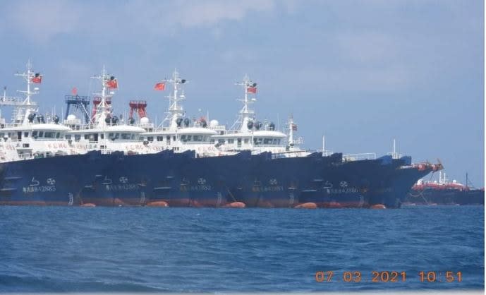 Around 220 Chinese maritime militia vessels were seen moored at Whitsun Reef (Julian Felipe) in the Philippines' exclusive economic zone in the South China Sea sparking concerns of overfishing.