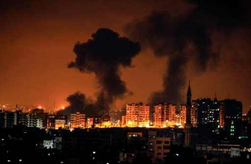 Smoke plumes rising following an Israeli air strike on Gaza City, on August 8, 2018