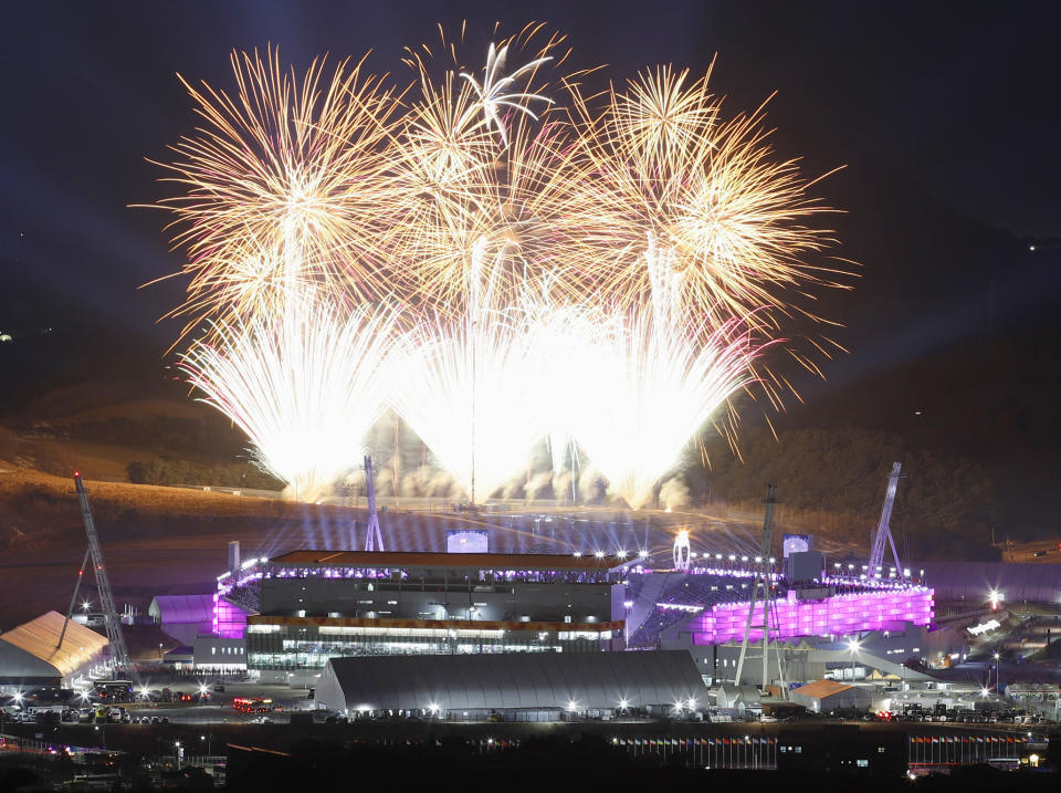 Fireworks light up the sky over the Pyeongchang Olympic Stadium during the closing ceremony: Getty