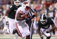 Montee Ball of Wisconsin has scored 38 touchdowns for Wisconsin and needs one more to match Barry Sanders’ NCAA record. (Photo by Andy Lyons/Getty Images)