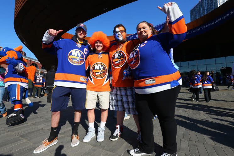 NEW YORK, NY - APRIL 24: Fans gather in the plaza prior to the game between the New York Islanders and the Florida Panthers in Game Six of the Eastern Conference First Round during the NHL 2016 Stanley Cup Playoffs at the Barclays Center on April 24, 2016 in Brooklyn borough of New York City. (Photo by Mike Stobe/NHLI via Getty Images) 