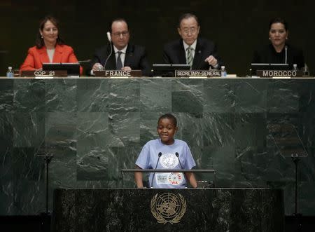 Ms. Getrude Clement of Tanzania, a Youth Representative, speaks during the opening ceremony of the Paris Agreement on climate change held at the United Nations Headquarters in Manhattan, New York, U.S., April 22, 2016. REUTERS/Mike Segar