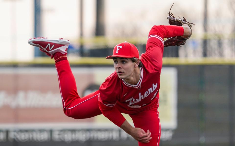 Fishers Tigers Jack Brown (3) pitches during the game against against the Zionsville Eagles on Thursday, April 6, 2023 at Grand Park in Westfield.