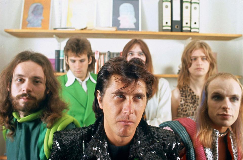 Bryan Ferry, foreground, with Roxy Music, 1972: Ferry sparked Wainwright's interest in hair dyes and Wainwright persuaded Ferry to have his hair styled in a quiff